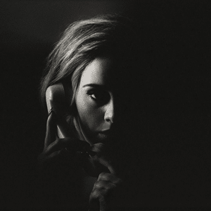 Adele's "Hello" single cover featuring a close-up of her face in black and white.