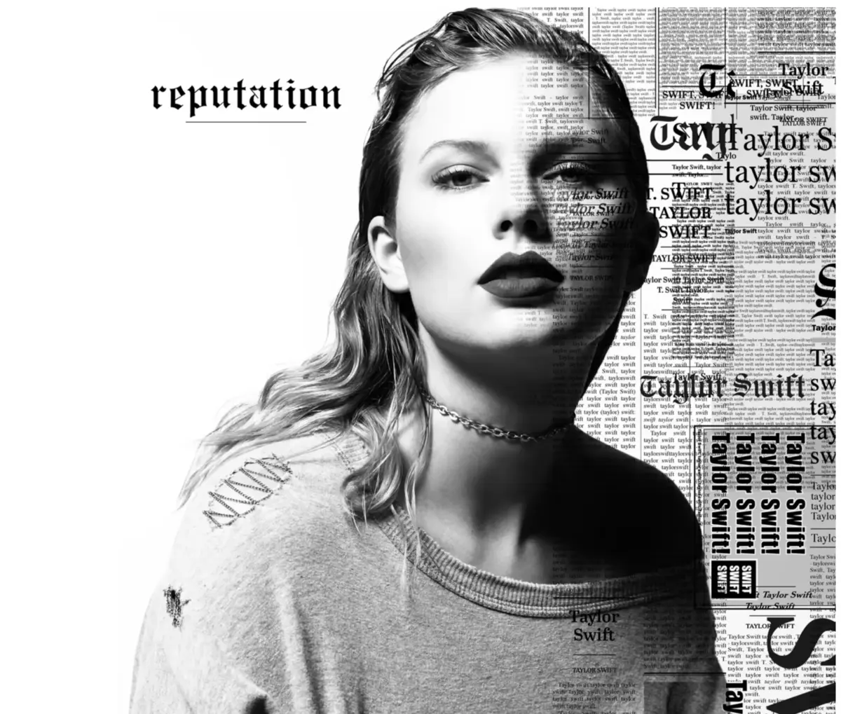 Taylor Swift’s “reputation” album cover featuring her grayscale portrait with newspaper-style typography in the background.